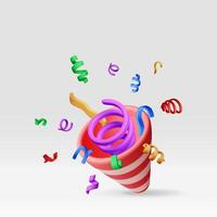 3D party popper with confetti isolated on white. Render paper confetti vector