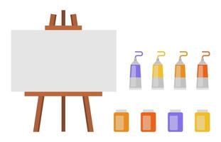 A blank canvas awaits creativity with vibrant paint tubes neatly arranged on a wooden easel in a bright, inviting studio. vector