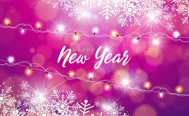 2025 Happy New Year Illustration with Typography Lettering and Glowing Christmas Light Garland on Blue Background. Holiday Design with Falling Serpentine for Flyer, Banner, Greeting Card, Celebration