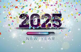 2025 New Year Coming Illustration with 3d Number, Progress Bar and Falling Colorful Confetti on Falling Confetti Background. Holiday Design with Typography Lettering for Flyer, Greeting Card, Banner vector