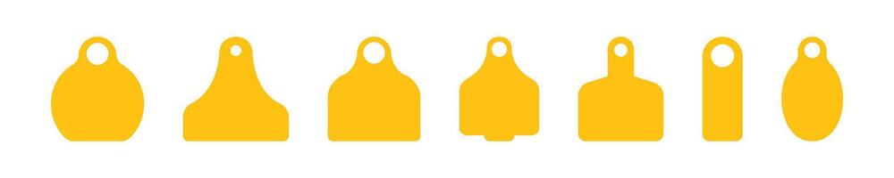 Ear tags for cattle. Set of blank yellow identification labels for farm animals. Collection of earmark mockups for livestock vector