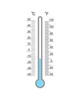 Celsius and Fahrenheit meteorological thermometer degree scale with cold temperature index. Outdoor temperature measuring tool with glass tube vector
