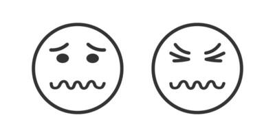 Face with confounded emotion, squiggly mouth and scrunched mimicry. Dizzy, grumpy, unhappy, sad emoticon icon vector