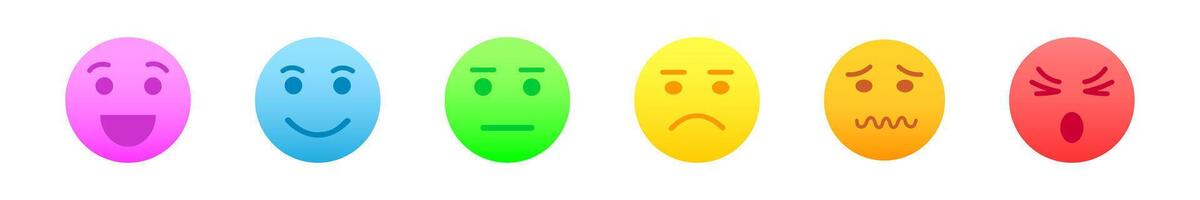 Set of colorful emoji faces with different positive and negative emotions. Happy, smiling, sad, confounded, angry, depressed face expression icons vector