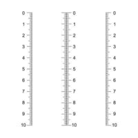 Vertical ruler scale with 10 centimeters markup. Measuring chart templates. Distance, height or length measurement math or sewing tool vector