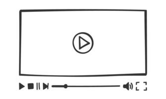Media player template in doodle style. Hand drawn online movie monitor screen with buttons and loading slider bar. Multimedia app window in simple design vector