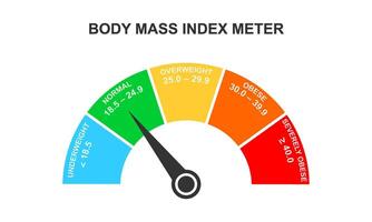 Body mass index meter. Infographic BMI dashboard with arrow. Weight measuring scale with underweight, normal, overweight, obese ranges vector