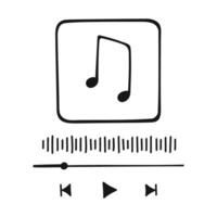 Music player interface in doodle style with buttoms, loading bar, sound wave sign and frame for album photo. Hand drawn audio player template vector