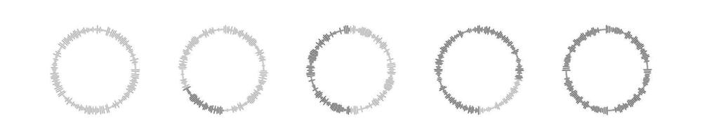 Round audio loading progress bar icons. Voice messages, sound files, equalizer rhythms in ring shapes. Online messenger, podcast mobile app, media player elements vector