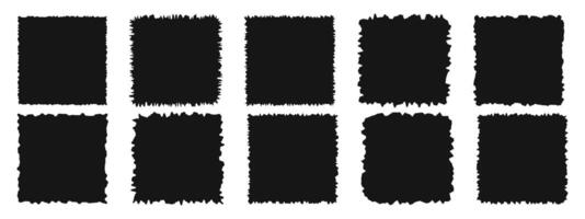 Set of black square shapes with torn edges. Jagged paper or cardboard textures. Empty ripped text box, label, tag, photo frame templates vector
