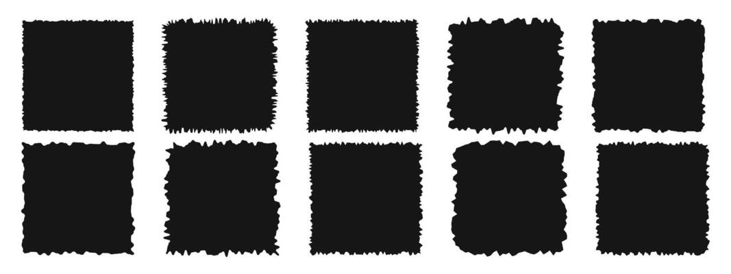 Set of black square shapes with torn edges. Jagged paper or cardboard textures. Empty ripped text box, label, tag, photo frame templates