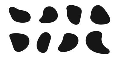 Black irregular shapes, organic blobs, liquid ink stains, distorted blots silhouettes. Set of amorphous asymmetric figures vector