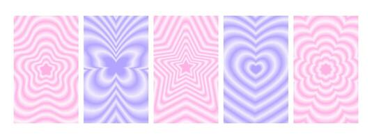 Set of vertical posters in trendy y2k style with gradient aura effect. Groovy flower, butterfly, star, heart backgrounds. Blurry holographic design in 90s vibe vector