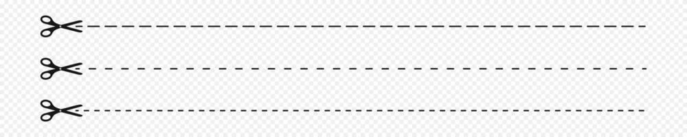 Set of cut here pictograms. Crop, strip or separation signs. Scissors icons with dashed lines vector
