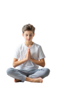 Young boy practicing meditation in a seated pose with a calm and peaceful expression on a transparent background png