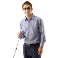Smiling blind man holding a white cane, representing independence and mobility support. png