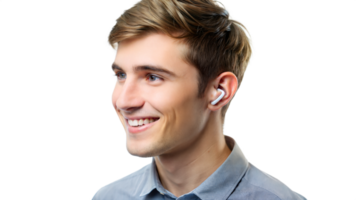 Profile view of a smiling man with a hearing aid, symbolizing assistive technology. png