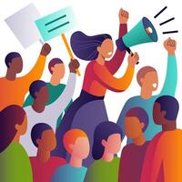 Vibrant, stylized illustration depicting a diverse group of people in a protest, political meeting, parade or rally in modern and abstract style, with smooth lines and bold colors. vector