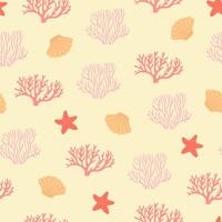 Seamless pattern with hand drawn seashell and corals on beige background. Template for print, fabric, greeting card and invitation. vector