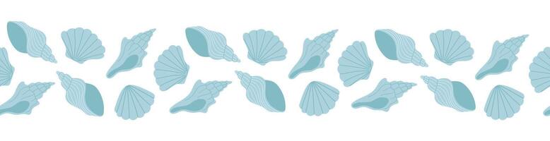 Seamless border with hand drawn blue seashell on white background. Template for print, fabric, greeting card and invitation. vector