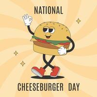 National Cheeseburger Day with groovy hippie burger. Banner template with cartoon character in trendy retro style. vector