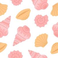 Seamless pattern with hand drawn pink and beige seashell on white background. Template for print, fabric, greeting card and invitation. vector