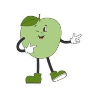 Cute green apple in groovy style. Cartoon character in trendy retro style. vector