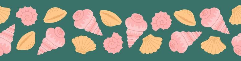 Seamless border with hand drawn pink and beige seashell on emerald green background. Template for print, fabric, greeting card and invitation. vector
