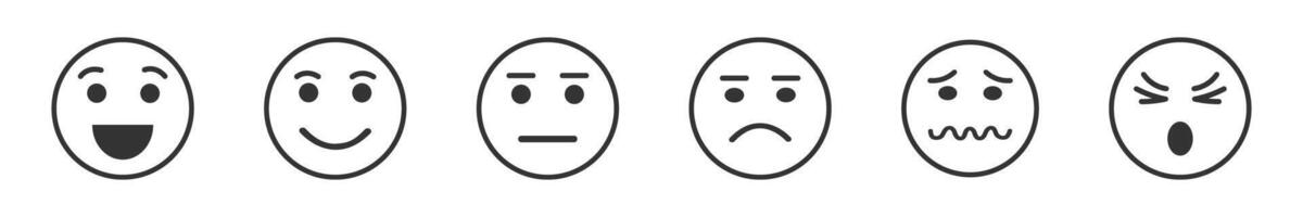 Set of emoji faces with different positive and negative emotions. Happy, smiling, sad, confounded, angry, depressed face expression icons vector