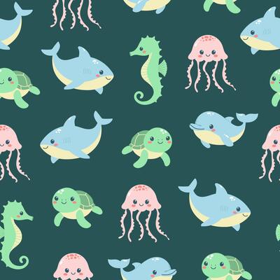 Seamless pattern of cute sea animals on emerald green background. Marine life animals. Template for baby shower, print, fabric, greeting cards and invitation.