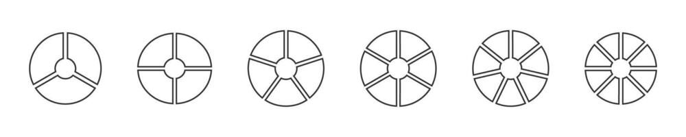 Pizza, donut or pie chart templates. Circle divided on 3, 4, 5, 6, 7, 8 equal slices. Wheel diagrams with three, four, five, six, seven, eight sectors vector