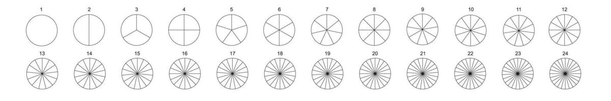 Donut or pie chart templates. Circle divides on equal parts from 2 to 24. Round shapes cut in slices. Set of wheel diagrams with sectors vector