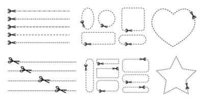 Set of cut here signs for coupons, vouchers, sale pages, packaging. Scissors icons with dotted lines and frames as square, circle, rectangle, star, heart vector