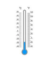 Celsius and Fahrenheit meteorological thermometer degree scale with cold temperature index. Outdoor temperature measuring tool vector