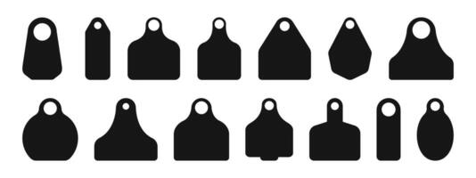 Ear tags for cattle. Set of blank black identification labels for farm animals isolated on white background. Collection of earmark mockups for livestock vector