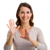 Woman smiling while using sign language for communication and inclusivity. png
