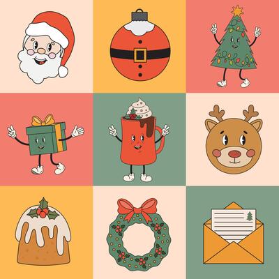 Christmas themed greeting card, Christmas pattern in trendy modern groovy style. Vintage Christmas illustration. Santa Claus, Christmas tree, Cocoa mug, pastry, advent wreath.