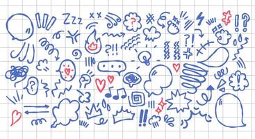Set of anime emotion effect with a pen in a checked notebook. Doodle cartoon sparkle signs vector