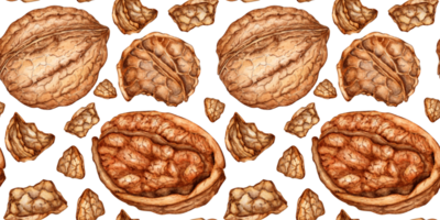 Walnut pattern watercolor illustration isolated from background. Realistic texture and natural colors of the shell and kernel of the nut. Ideal for cooking, botanical still lifes, packaging design. png