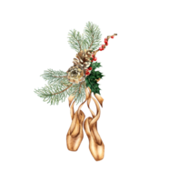 Women's ballet shoes in brown with ribbons and fir branches, dry twigs, pine cones, gears, red berry watercolor illustration. Attribute of dancer and forest plants isolated from background. png