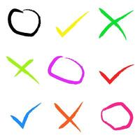A set of tick and cross buttons. Round signs and lines of different thicknesses, green and red. vector