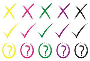 Set of flat check and cross buttons. Round signs and different line thicknesses, green and red. vector