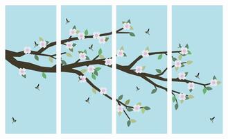 Spring color on blue sky background illustration. Blooming branches in spring with flying bees, sweet background for spring sale. vector
