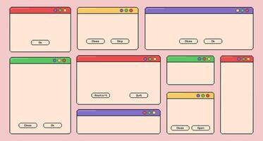 Retro pixel computer screens, set of vintage opened computer windows, user interface with short phrases and items on the grid pattern. vector