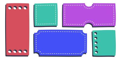 Empty text frames with stabbing, hand drawn tickets and coupons, colorful text and message boxes. illustration. vector