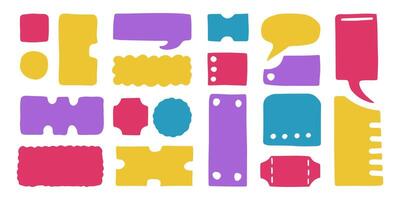 Set of colorful text boxes, bubbles and hand drawn tickets. Doodle design elements. illustration. vector