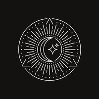 Crescent moon surrounded by stars within a circular frame with radiating lines vector
