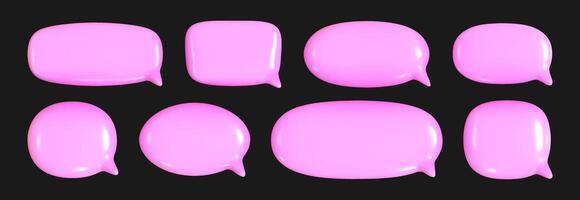 Set of 3D speech bubbles with a shiny, reflective pink texture. Rounded minimalist shapes with space for text. vector