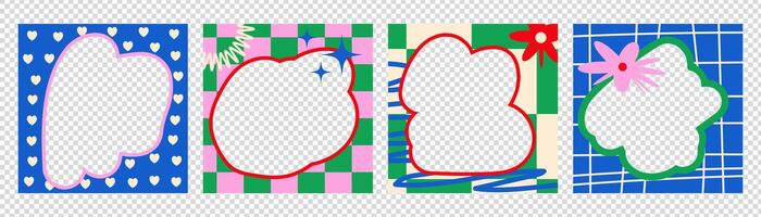 Set of border square frames with cute hand drawn elements. Trendy template design with wavy lines, abstract dots, flowers. vector