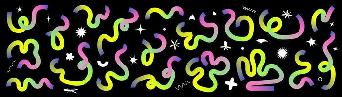 Set of abstract liquid doodle elements in neon colors. Minimalist curved gradient ribbons for creating modern designs. vector